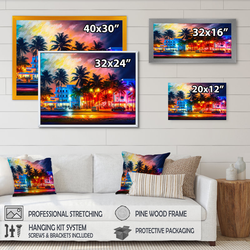 «Miami Beach Holidays I», reproduction sur toile, Impression noire sur toile encadrée, H 12 po x l 20 po x P 1 po