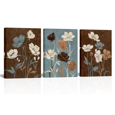 Impression sur toile rétro fleurs élégantes rétro - impression florale abstraite sur toile pour chambre à coucher, salon, cuisine, décoration de maison, prête à être suspendue, 12 po x 16 po x 3 pièces