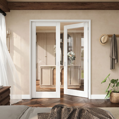 60" X 80" 1-Lite Clear Glass French Door With Silver Hinges, Clear Glass Door Slab With Frame, French Interior Door As Pantry Door, Bedroom Door, Laundry Door, Closet Doors, Room Doors, Ball Catch & Door Handle Included