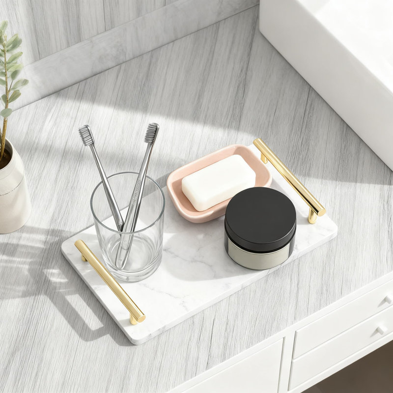 Marble Guest Towel Holder Tray With Handles, Non-Slip Bathroom & Kitchen Napkin Organizer. Decorative Display Tray For Home Decor