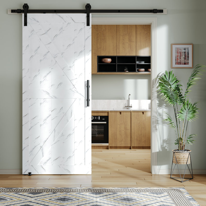 Manufactured Wood Paneled Sliding Barn Door with Installation Hardware Kit,Sliding Closet Door with PVC Surface, White Marble