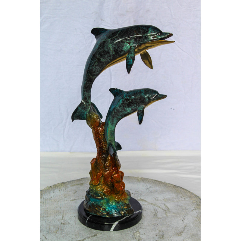 Paire de dauphins en bronze avec décor de bord de mer 8 po x 11 po x H 22 po