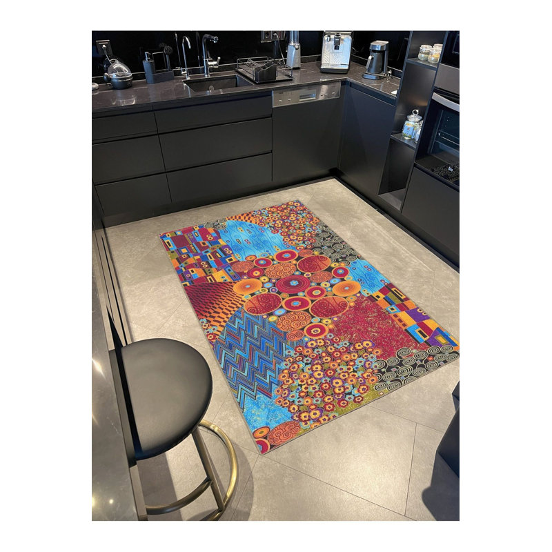 Tapis décoratif multicolore moderne à motifs lavables, Sous-tapis rond 3 pi 3 po inclus