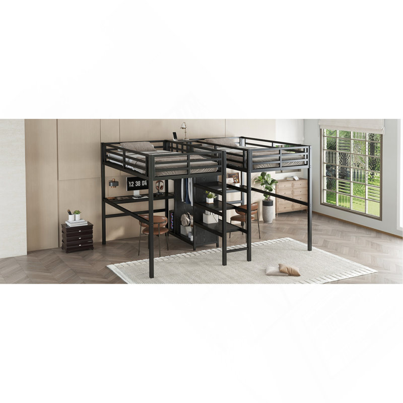 Lit mezzanine simple au-dessus d'un lit simple en métal avec bureau double, armoire et tablettes avec prise électrique pour économiser de l'espace et réduire le bruit