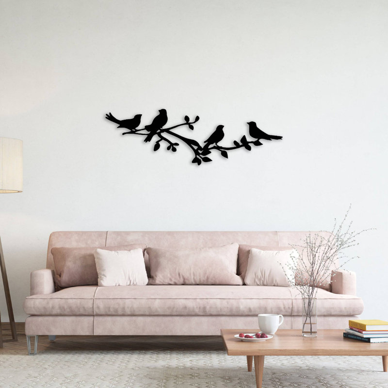 Décoration murale oiseaux sur une branche d'arbre, H 13 po x l 34 po x P 0,12 po, Blanc