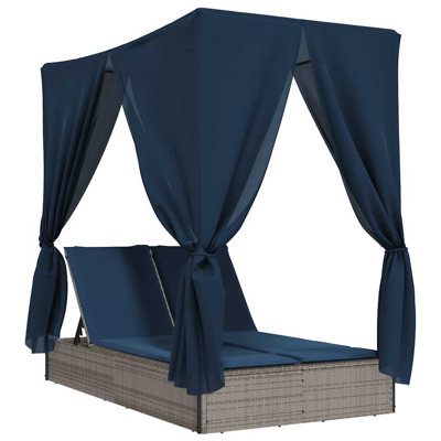  Double Sun Lounger With Roof And Curtains Gray Poly Rattan