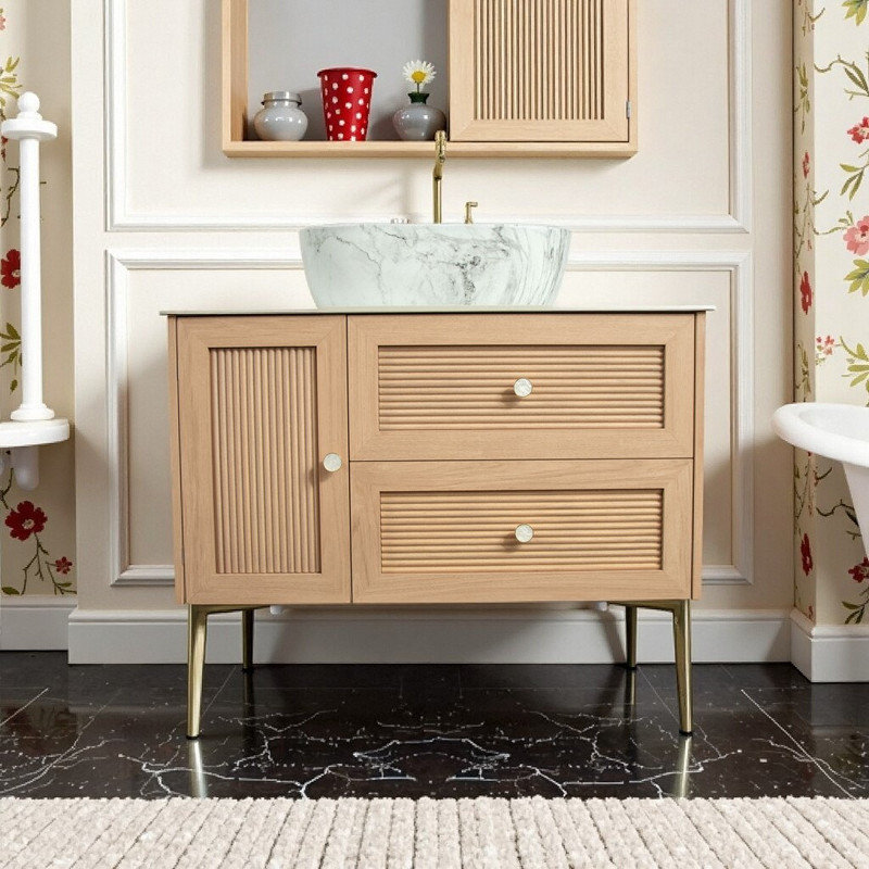 36 Inch Bathroom Vanity With Ceramic Basin Sintered Stone Top 1 Door And 2 Drawers