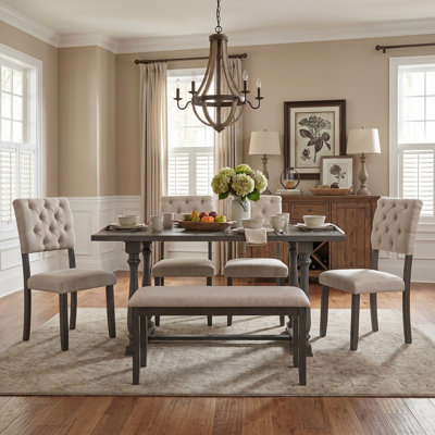 6-Piece Dining Table Set, Solid Wood Dining Set with Rectangular Trestle Table and 4 Upholstered Chairs & Bench for Dining Room and Kitchen