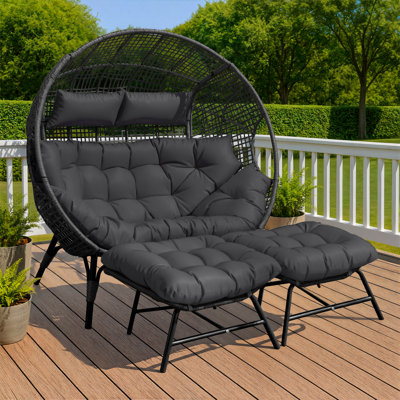 Daleigh 2-Person Double Egg Chair Loveseat with 2 Ottomans, 57" Wide Wicker Rattan Lounge Chair, 5" Thick Cushions, 690-lb Capacity