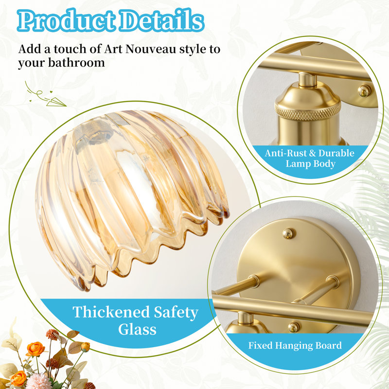 Bathroom Light Fixtures, 3-Light Vanity Light With Amber Tulip Glass Shades, Modern Bathroom Wall Lighting For Bedroom, Kitchen, Living Room