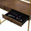 Bureau de meuble-lavabo rectangulaire en noyer et doré avec structure en métal, plateau à bijoux avec miroir inclus, 2 tiroirs de rangement en panneau de particules, hauteur de 50 pouces et avec, inclus, tiroirs,