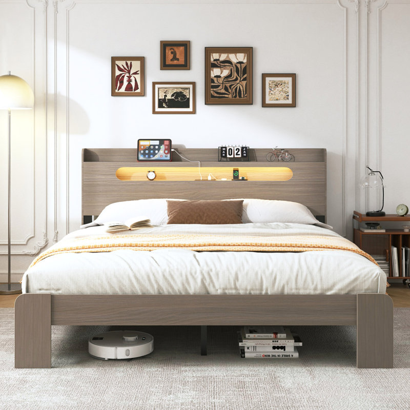 Structure de lit plateforme en bois pour grand lit avec tête de lit à DEL, rangement et ports USB, sans bruit, facile à assembler, gris foncé