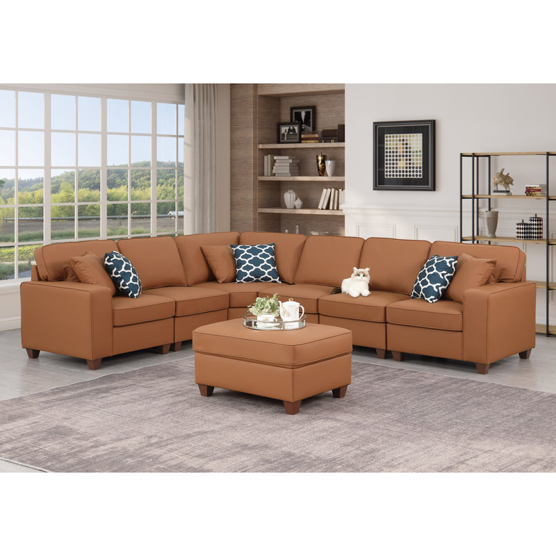 Canapé modulaire en cuir artificiel avec repose-pieds Shayle, Similicuir brun, H 35 po x l 125,25 po x P 33,25 po