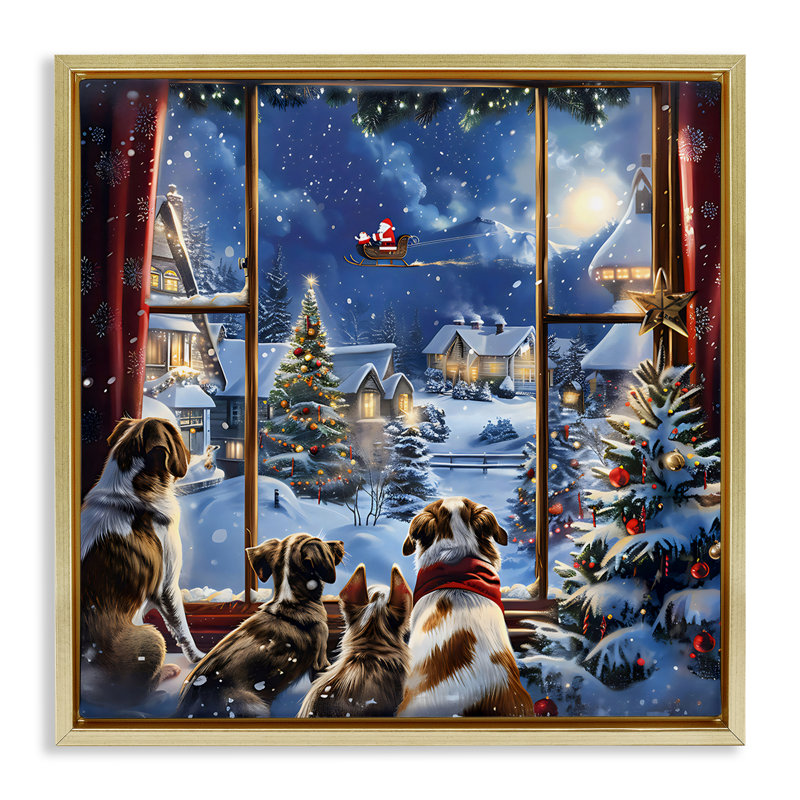 Chiens regardant le Père Noël sur un cadre flottant de Noël, design Creative Studio, H 18 po x l 18 po