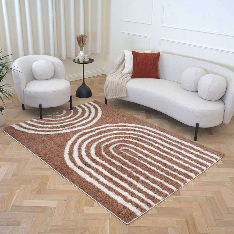 Moodi Modern Shaggy Area Rug Abstract Line Design, Off-White/Terra, Rectangle 120 x 170 cm