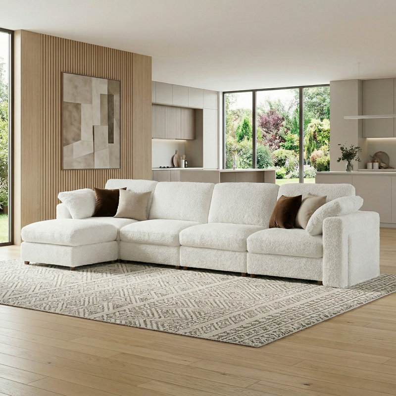 5 - Piece Teddy Modular Sectional Sofa Cloud Couch with Ottoman and 2 Storage Side Table, White, 4
