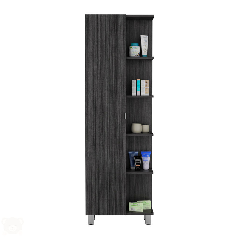 Armoire de salle de bain haute en lin Urano avec quatre tablettes extérieures ouvertes, Gris