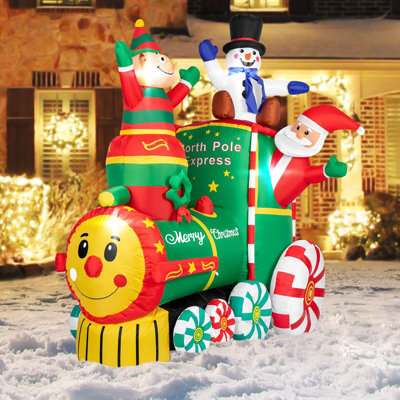 Locomotive gonflable illuminée de Noël de 6 pi de hauteur avec père Noël, elfe et bonhomme de neige Emila