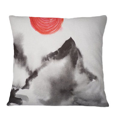 Coussin décoratif japonais avec des collines et un soleil rouge