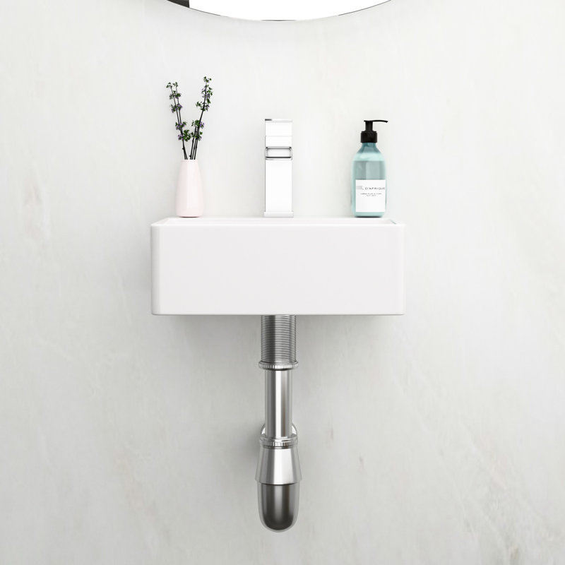 Lavabo de salle de bain mural en céramique blanche avec trou de robinet simple, surface lisse et lisse, style moderne, plus d'espace, instructions d'installation incluses Lavabo rectangulaire de 13,6 po x 11,6 po