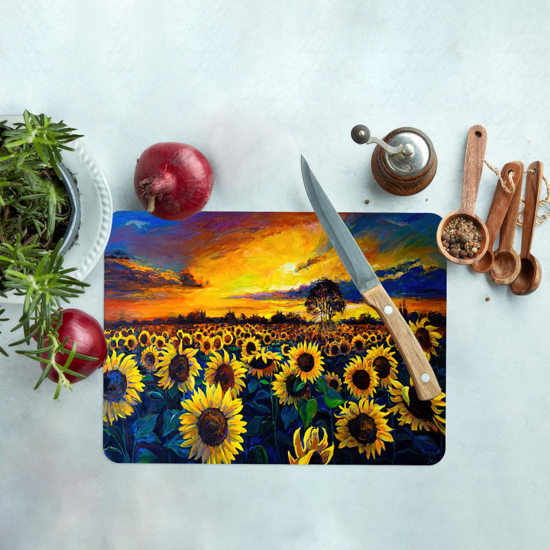 Planche à découper en verre Sunflower Field Design idéale pour le service et la décoration de cuisine en verre durable avec palette de couleurs vibrantes