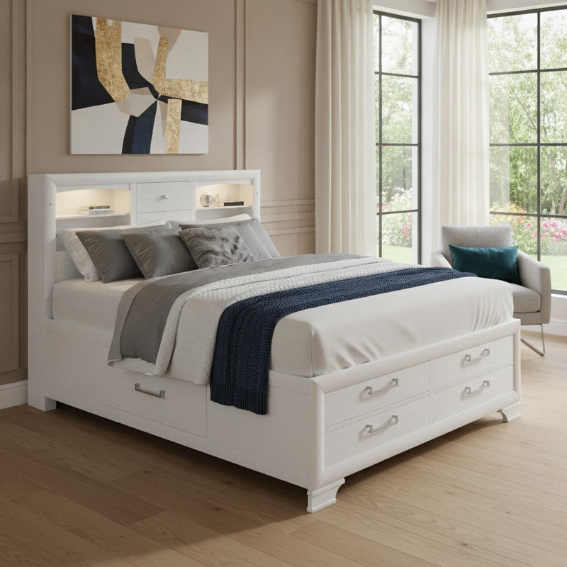 Solid Wood Queen White Eight Drawers Bed, Queen, White