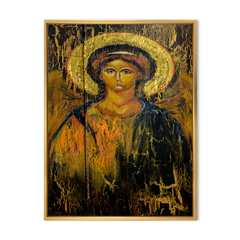 Ange religieux, œuvre d'art II - peinture sur toile, H 32 po x l 16 po x P 1 po, Cadre flottant doré