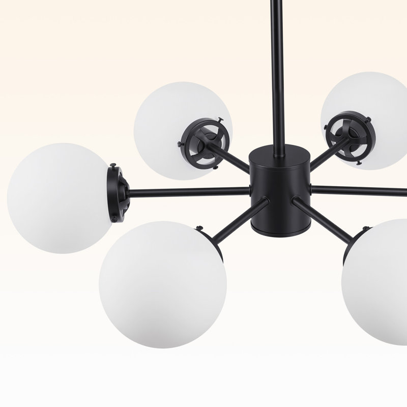 Lustre spoutnik moderne à 6 lumières à intensité variable avec globes de verre noirs, Noir, Six lumières