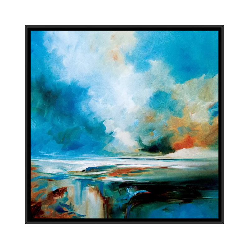 Aqua Haze, peinture sur toile tendue, H 18 po x l 18 po x P 1,5 po, Toile avec cadre noir, Pas de tapis