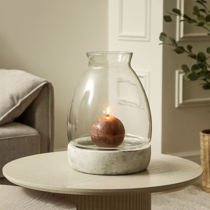 Sundstrom 34.5cm White Natural Stone Tabletop Hurricane Candle Holder for Living Room Modern Home Accent Piece