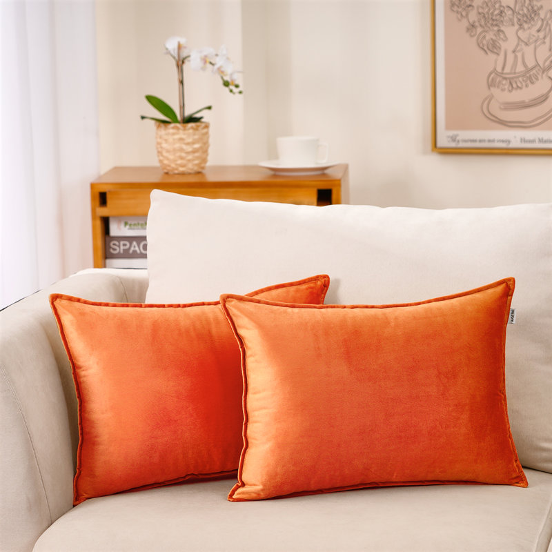 Housse de coussin carré en velours à bride, Orange, polyester