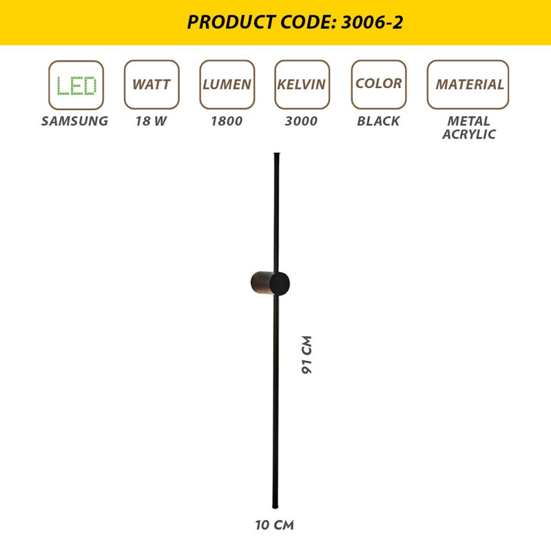 Lampe murale moderne, corps en métal noir, 3,5 x 35,8 x 3,9 pouces | 1 x DEL intégrée 18 W, lumière blanche chaude 3000 K, 1800 lumens | Design scandinave, parfait pour la décoration de la maison ou du bureau, élégant et fonctionnel