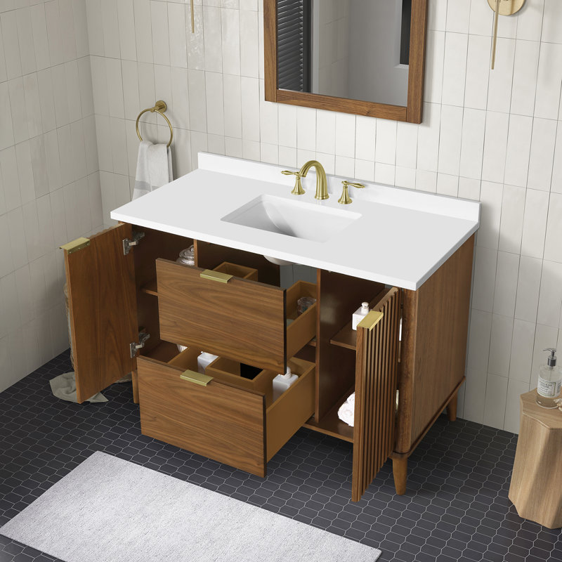 Leileen 48 in. Single Sink Freestanding Warm Walnut Bathroom Vanity with White Engineered Stone Top, Brown, Brushed Gold