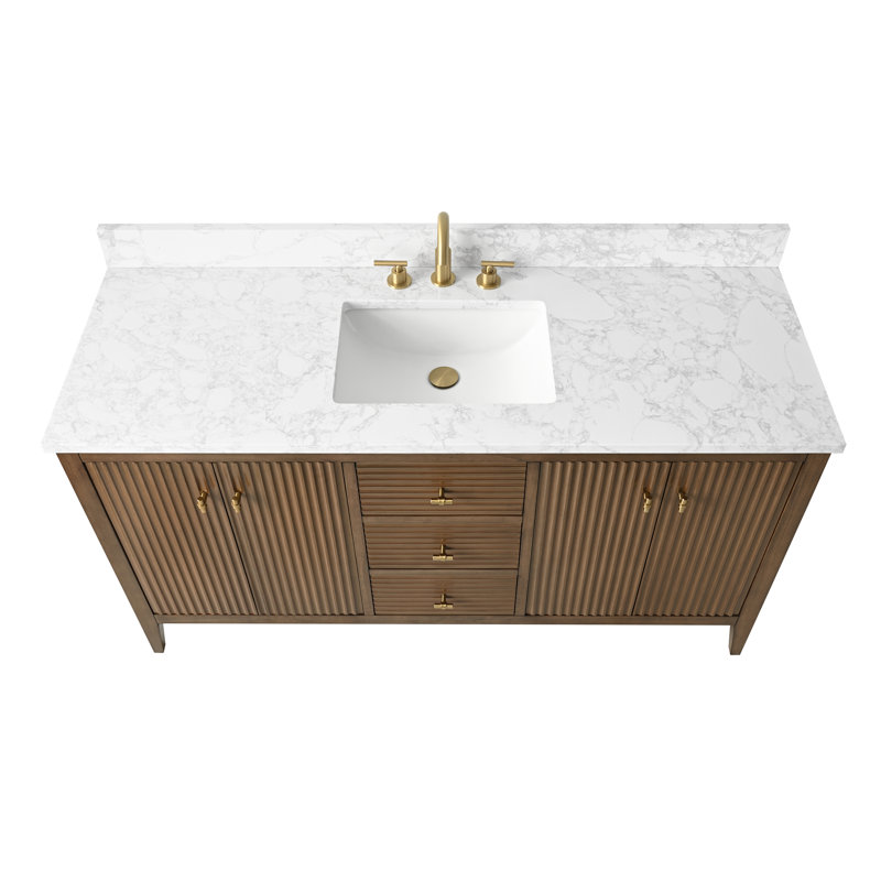 60'' Single Bathroom Vanity with Engineered Marble Top, Golden Brushed, Linear Walnut