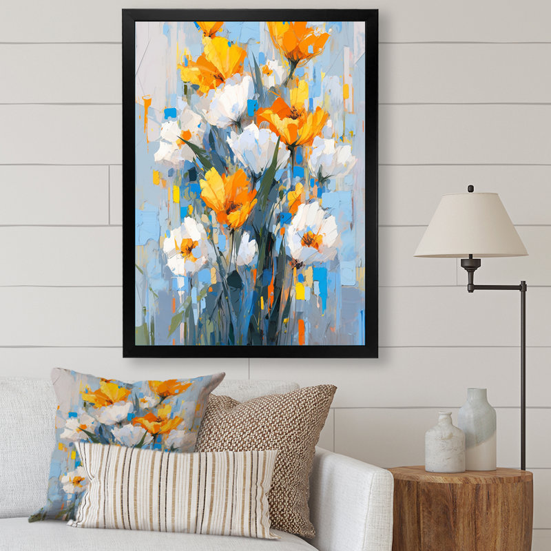 «Blue and Yellow Tulip Strip Expression», reproduction d'art sur tulipes, H 32 po x l 16 po, Cadre simple noir