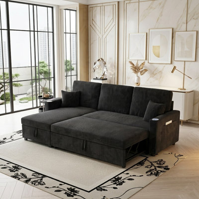 83" Convertible Sectional Sleeper Sofa with Pull Out Couch Bed,  4-in-1 Corduroy Cloud Couch with Storage Chaise and USB Charging, Black