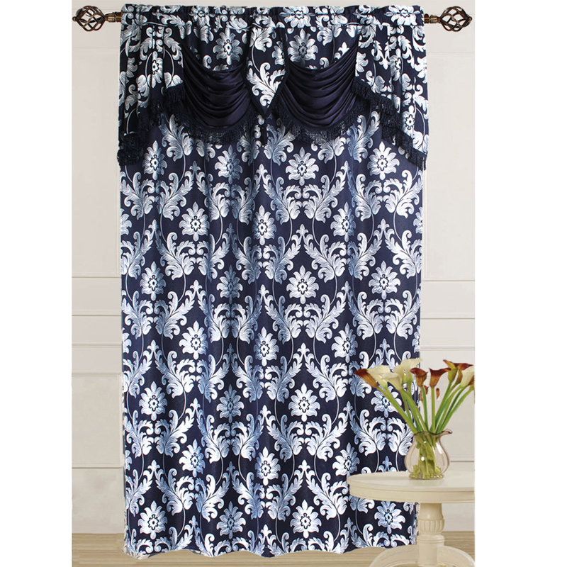 Luxury Jacquard Curtain single Panel with Attached Valance, 54 by 84-Inch Earlesha, Navy