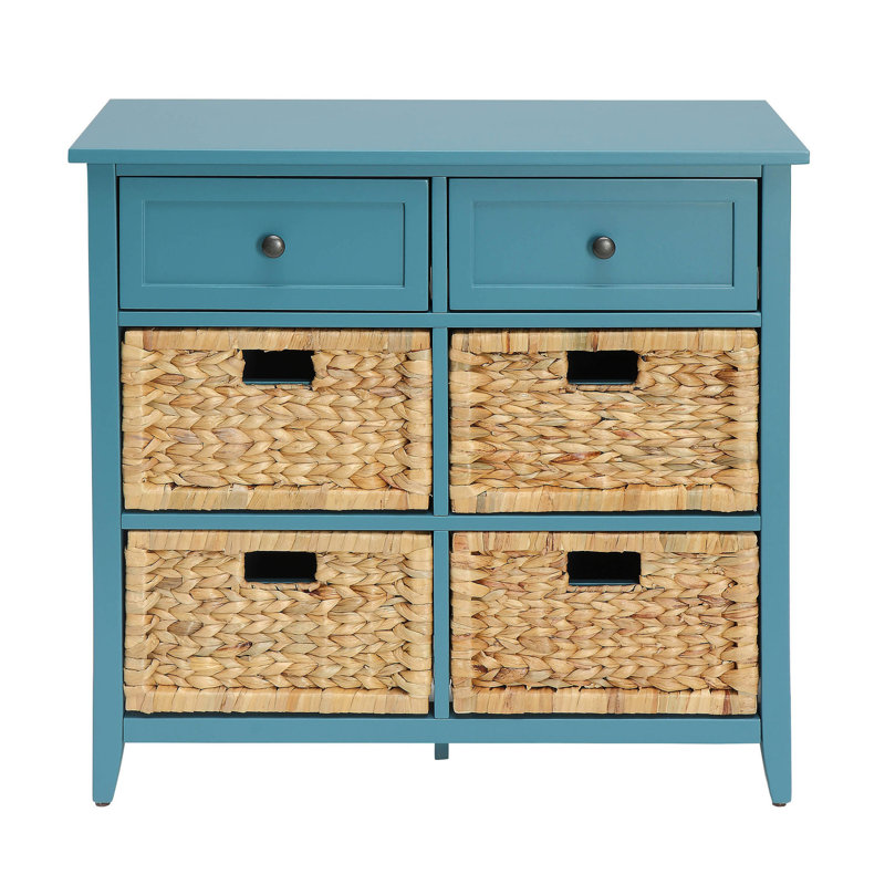 Console de couleur bleu sarcelle: espace de 6 tiroirs, devant en panier, aspect coulissant en métal lisse avec 6 espaces de rangement,