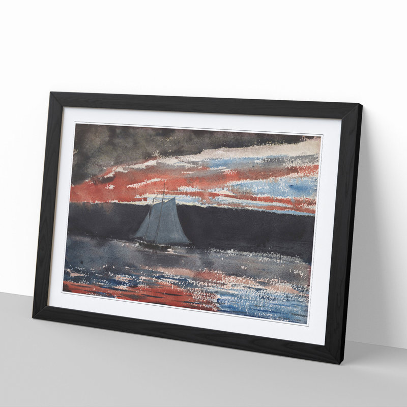 Schooner at Sunset by Winslow Homer - Picture Frame Painting, 27cm H x 36cm W x 2cm D, Black Framed