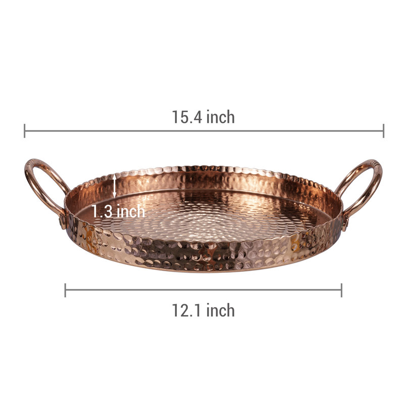 12-Inch Round Copper Metal Serving Tray with Handles – Hammered Decorative Tabletop Display Tray