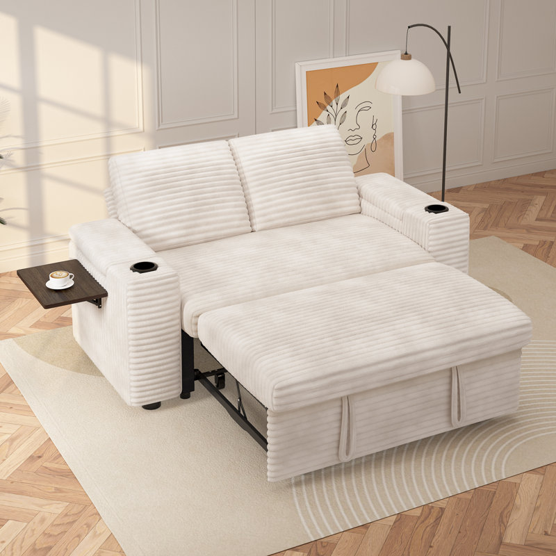 65 Inch Convertible Sofa Bed With Pull-Out Sleeper, Corduroy Fabric, Adjustable Backrest, Hidden Storage Armrests With Cup Holders, Side Table & Charging Port