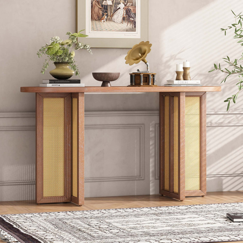 Console d'entrée en rotin Farmhouse, Bois naturel délavé