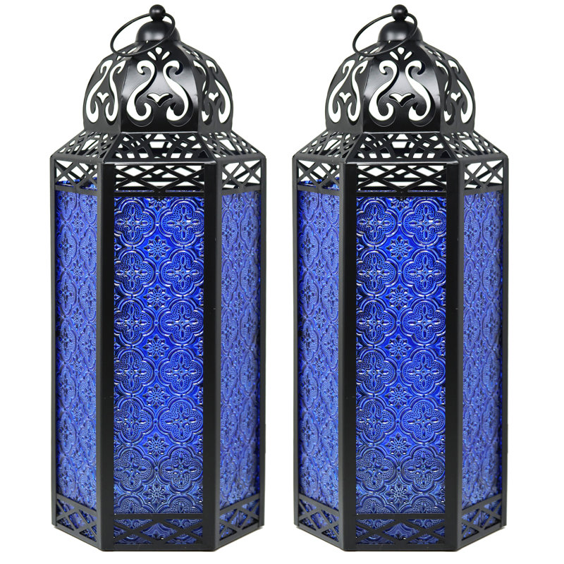 Moroccan Candle Lantern Decorative Candle Holder Lamp for Table or Hanging, Ramadan Decorations, Weddings, Indoor Home Decor, Outdoor Patio or Porch (Set of 2)