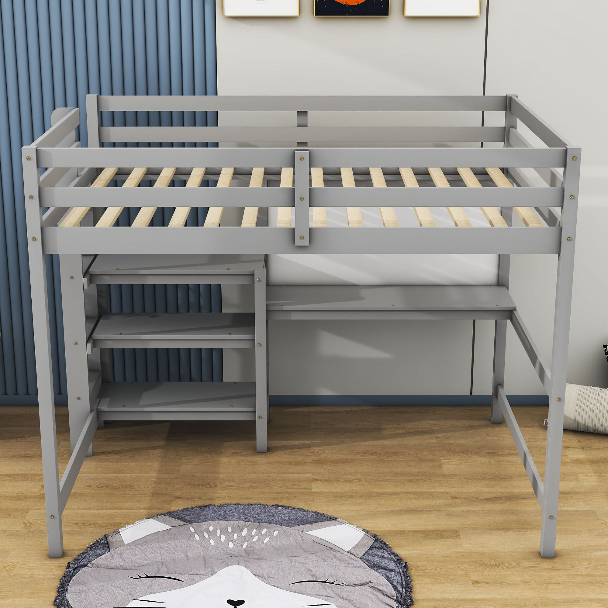Harriet Bee Garp Full Size Wood Loft Bed with 3 Shelves, Desk and ...