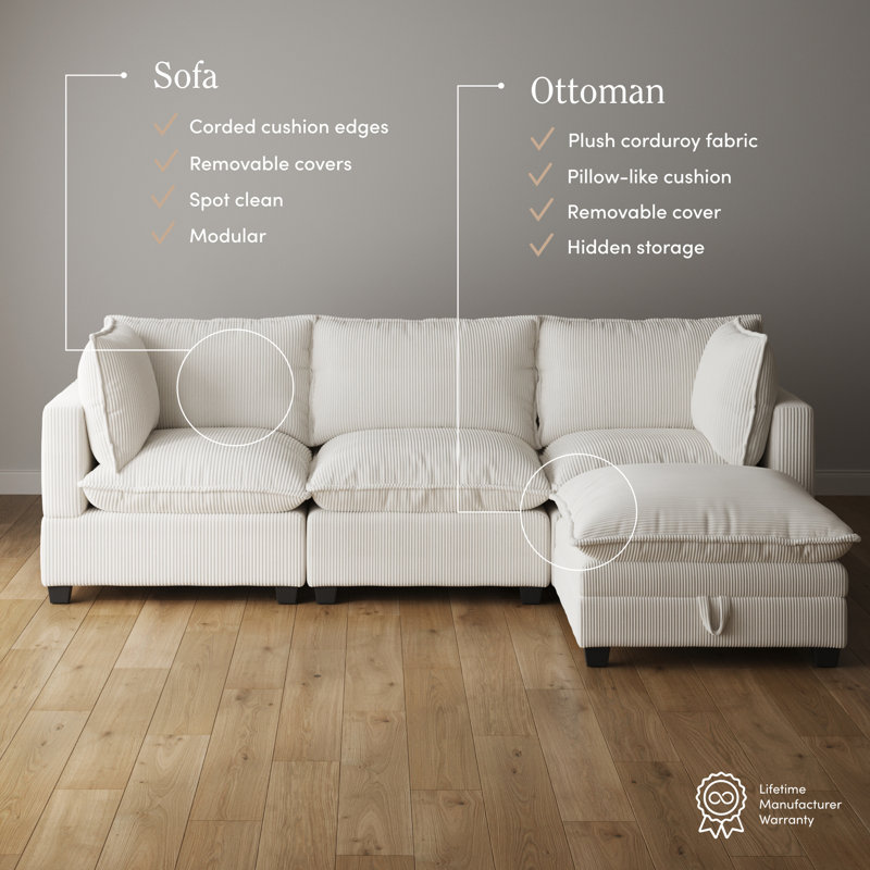 Somerdale Modern Upholstered Cloud 3-Seater Sofa & Ottoman, White Corduroy