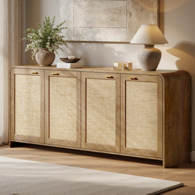 Buffet 67 po en rotin avec rangement, buffet Boho avec 4 portes, grand buffet à crédence pour le salon, la cuisine et le couloir