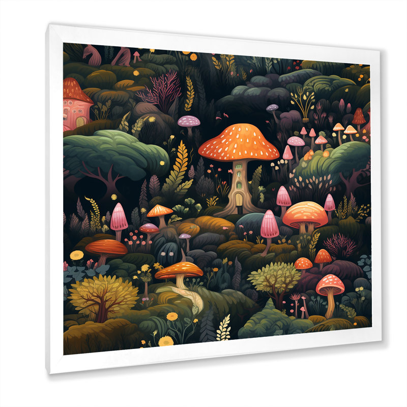 Magical Mushroom Enchanted Forest - Art mural champignon, Cadre simple blanc, H 24 po x l 24 po x P 1 po