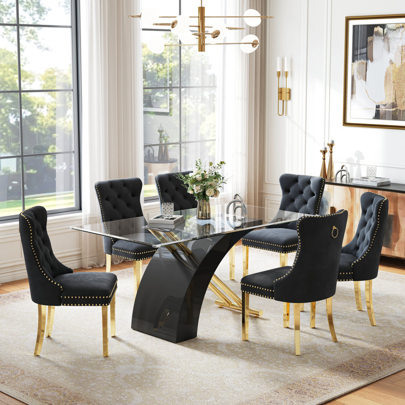 Modern Glass Dining Table Set, 63" Rectangular Tempered Glass Table, X-Shaped Base, 6 Velvet Upholstered Chairs With Nailhead Trim(Set Of 7)