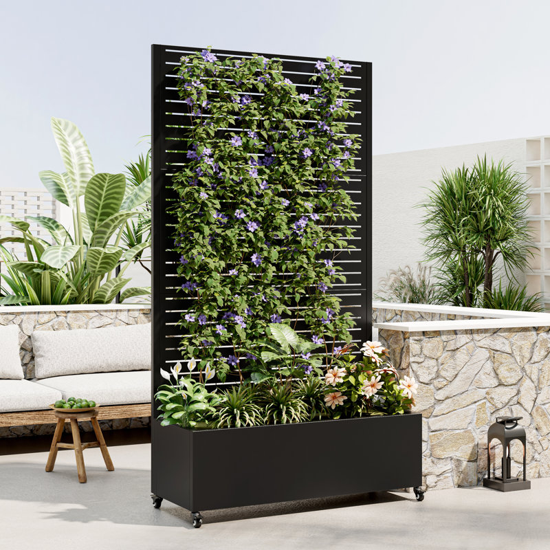 Metal Planter Box With Trellis, 73"X35"X16 Metal Raised Garden Bed With Trellis, Metal Planter Box With Drainage Holes & Lockable Wheels & Privacy Screen For Climbing Plants, Vegetables, Vines