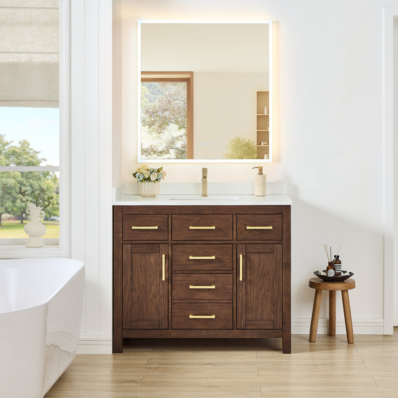 Beckett 42" Freestanding Single Bathroom Vanity with Quartz Top, Brushed Gold, Giotto Quartz, Whitewashed Oak